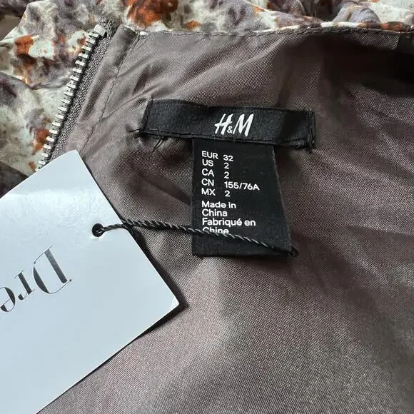 H&M Size 2 Floral Long Sleeve Fit & Flare Mini Dress Brown Orange Fall Summer - Picture 6 of 6